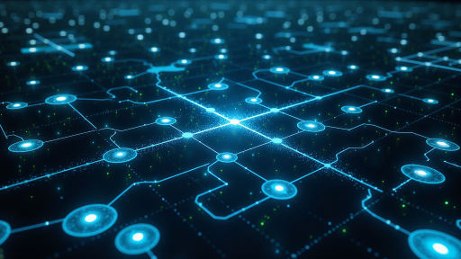 区块链技术架构示意图，显示多个节点连接成网络，数据传输路径可视化，绿色安全标识，体现去中心化和安全性